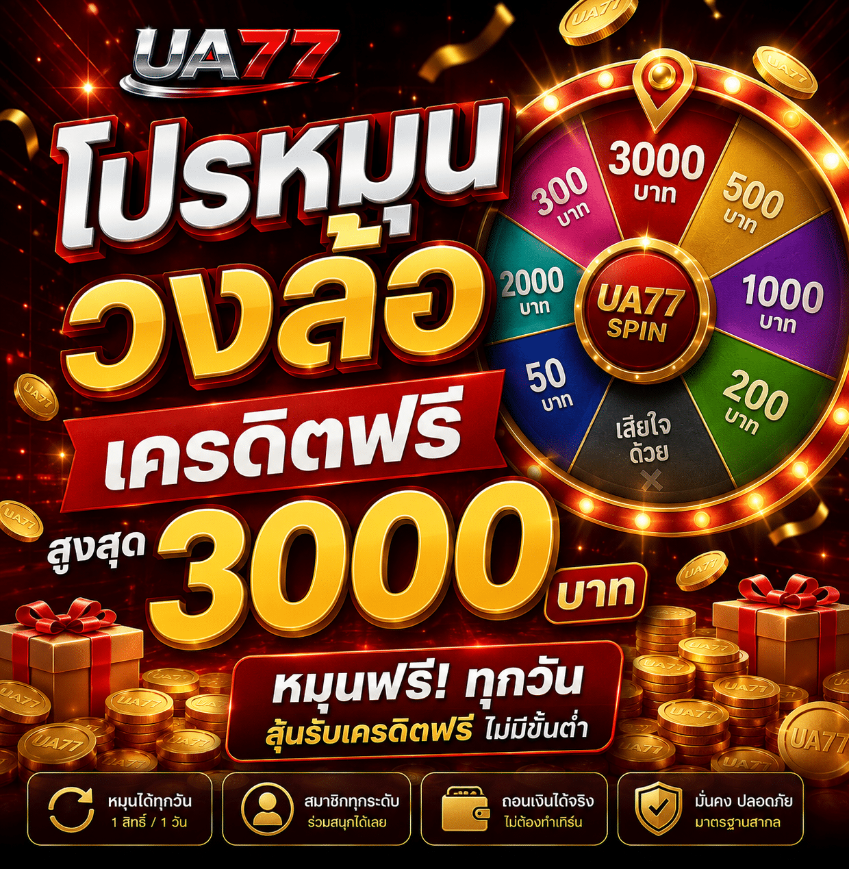 โปรโมชั่น UA77 โปรหมุนวงล้อเครดิตฟรีสูงสุด 3000 บาท